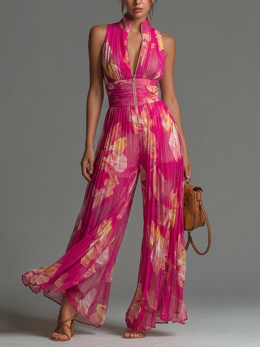 Leila | Elegant Fuchsia Floral Pleated Jumpsuit™