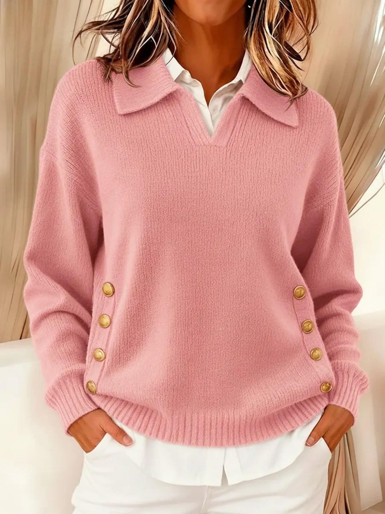 Lorayne | Knitted Sweater with Pink Button Accents